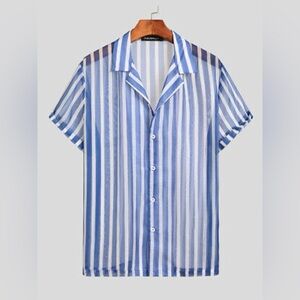 NWT Incerun Sheer Organza Blue Striped Shirt
